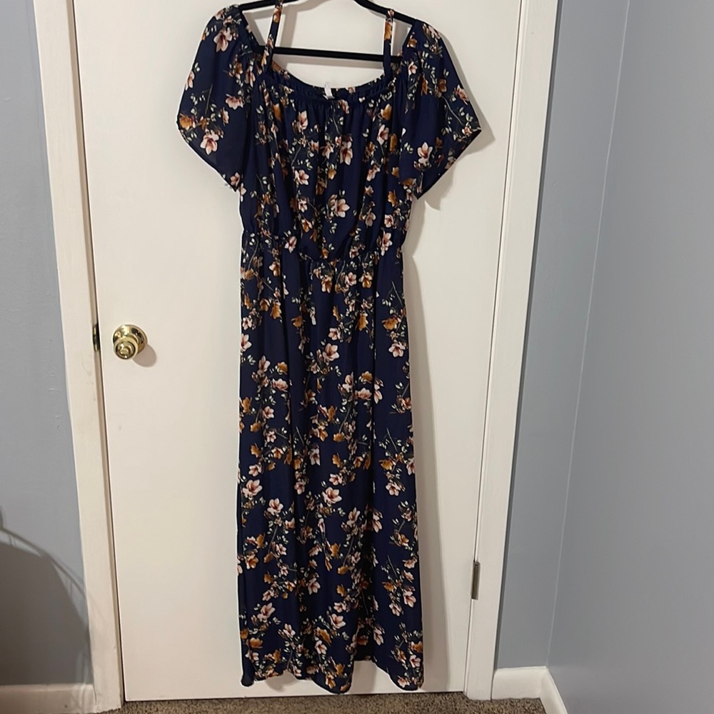 Navy and floral cold shoulder maxi dress